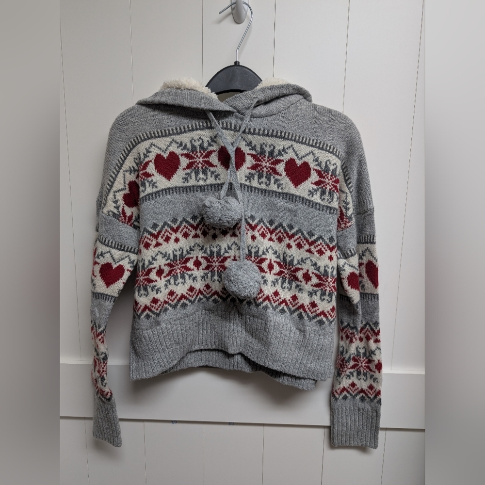 Ruby Moon Cream and Gray Fair Isle Sowflake Heart Hoodie